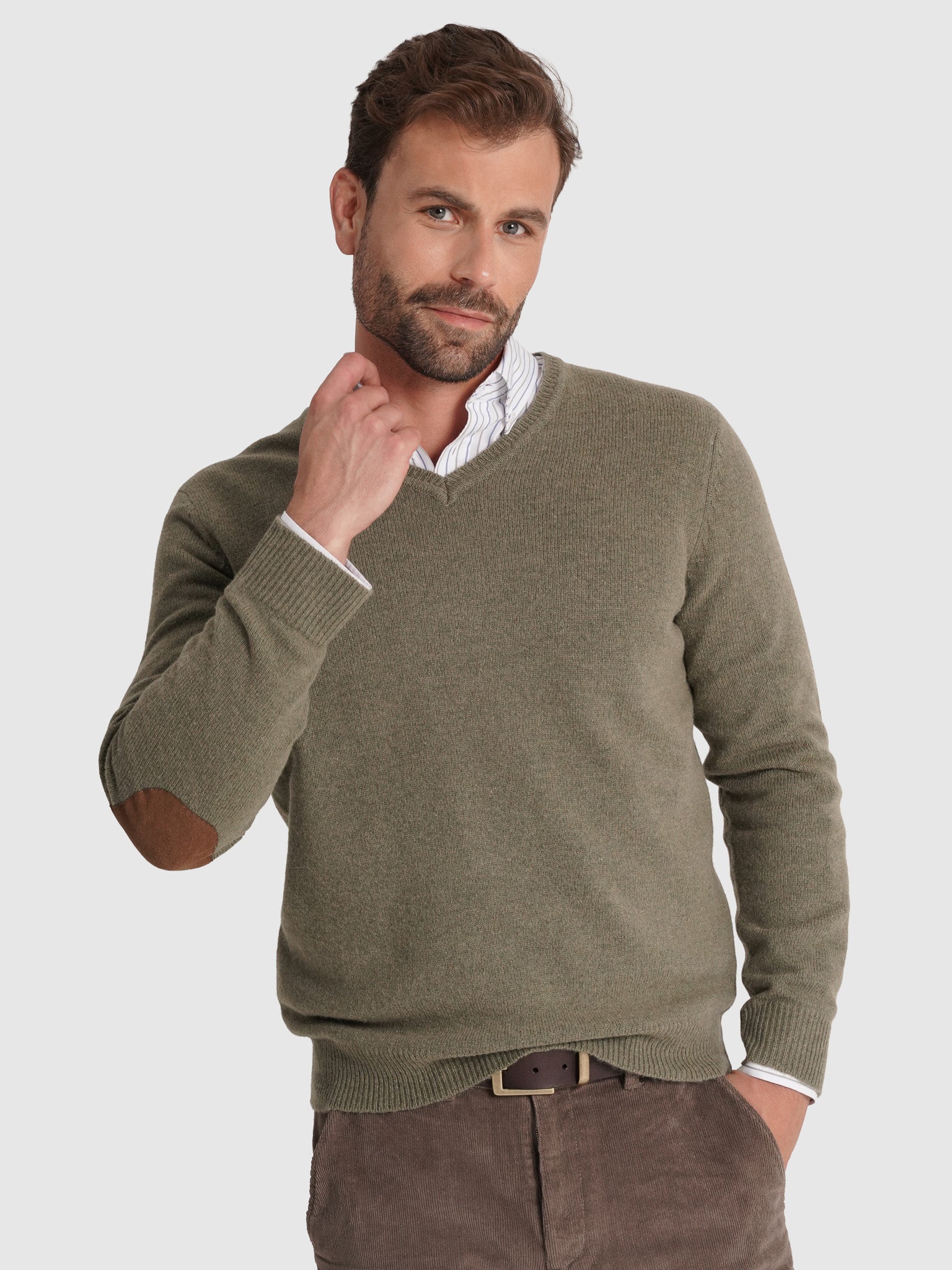 GREEN WOOL PULLOVER WITH REGULAR FIT MR ELBOW PADS. BLUE