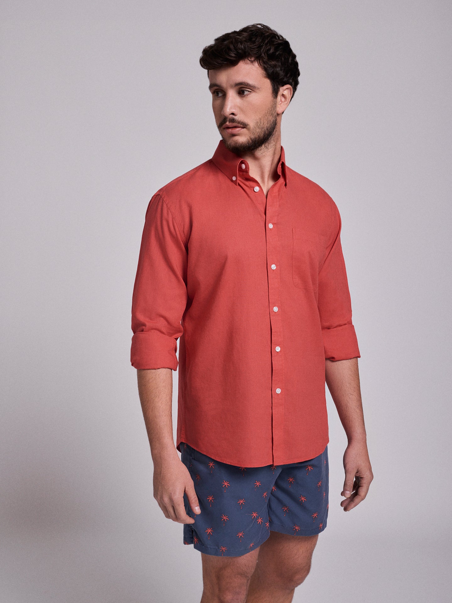RED LINEN SHIRT LONG SLEEVE REGULAR FIT MR. BLUE