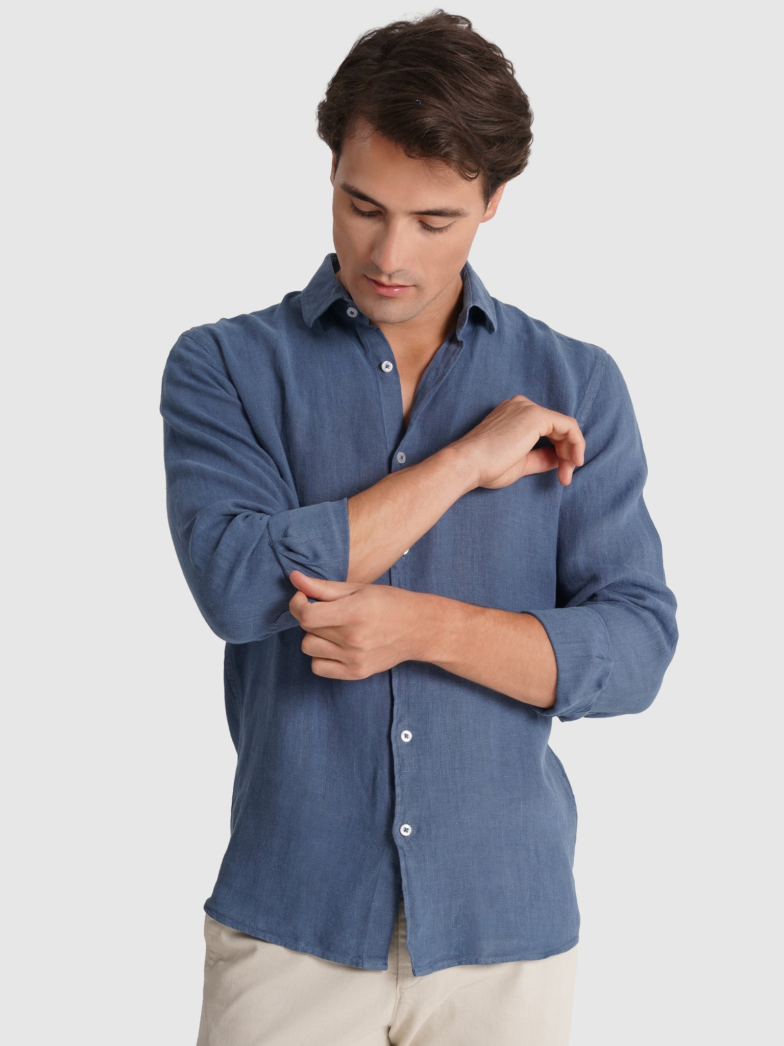 Camisa Linho Azul Manga Comprida Tailored Fit Mr. Blue