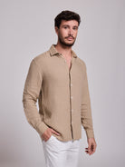 CAMEL LINEN SHIRT LONG SLEEVE TAILORED FIT MARK BELLUCCI