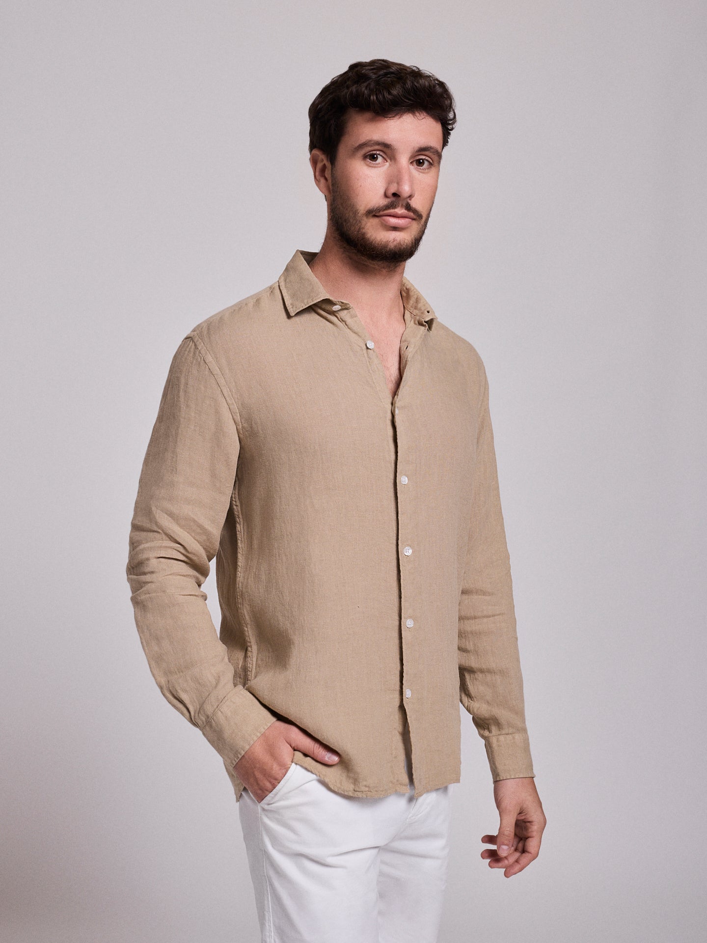 CAMEL LINEN SHIRT LONG SLEEVE TAILORED FIT MARK BELLUCCI
