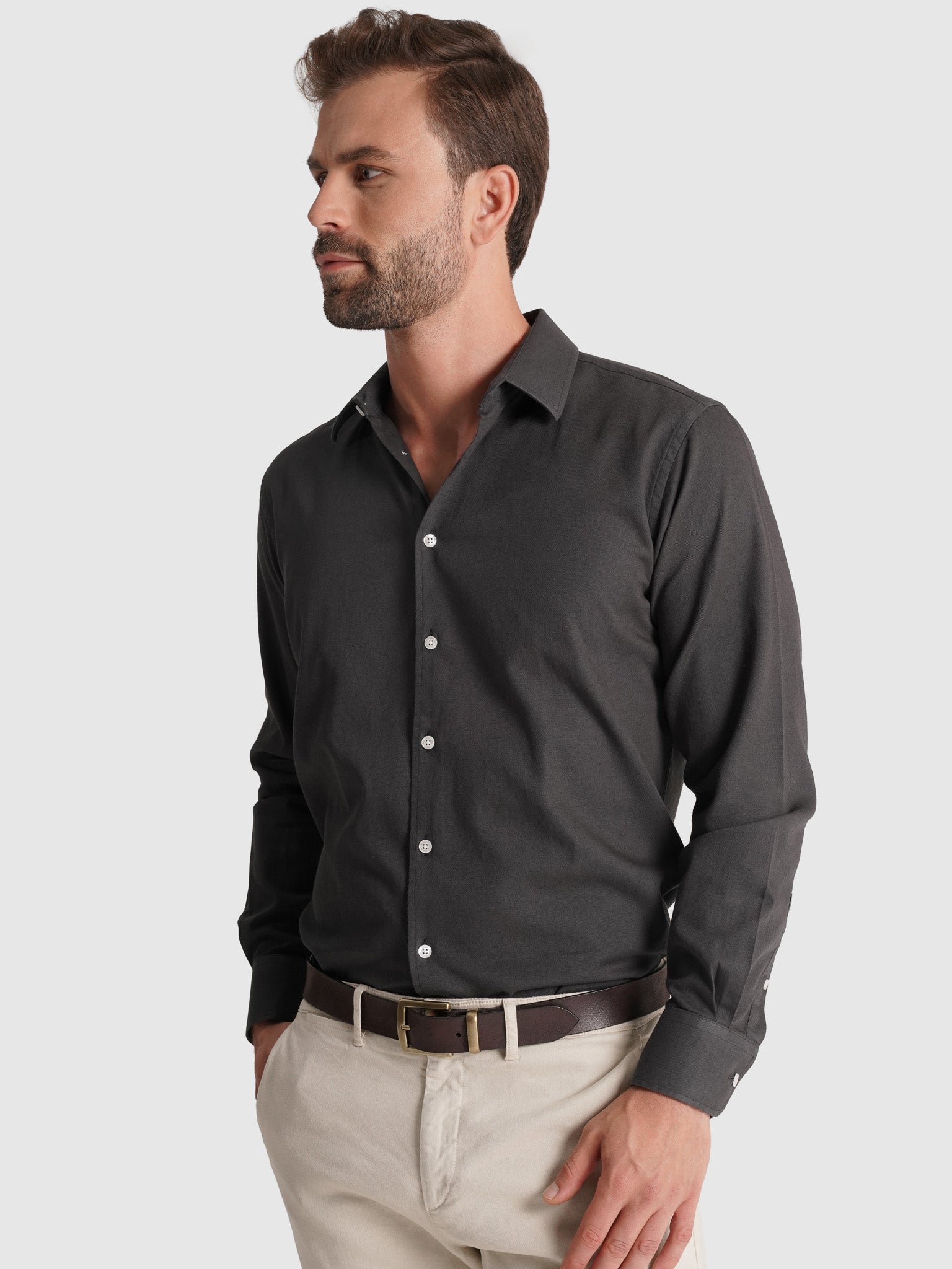 CAMISA ALGODÓN GRIS MANGA LARGA REGULAR FIT MARK BELLUCCI