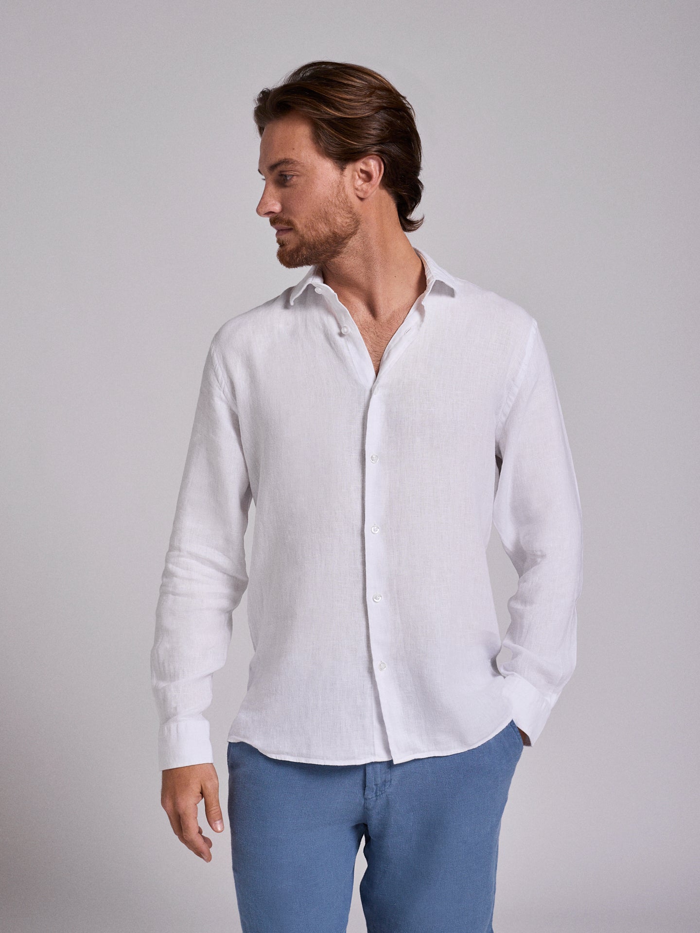 WHITE LINEN SHIRT LONG SLEEVE TAILORED FIT MARK BELLUCCI